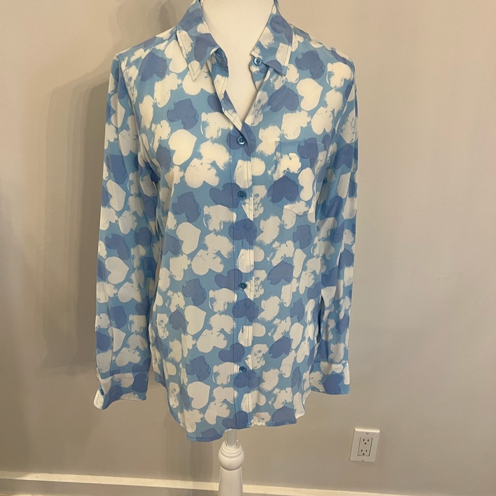 Equipment 100% Silk Blouse - Size Small - Blue and white hearts